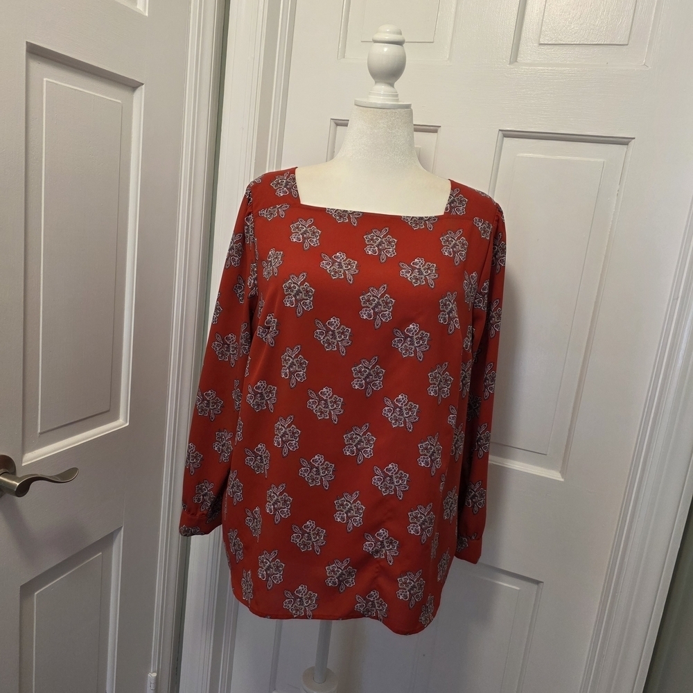 LOFT PLUS Red Floral Print BLOUSE SIZE 16, Business Casual Colorful, Lightweight